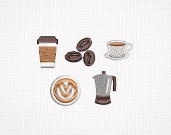 Coffee Embroidery Designs Set, Mini Coffee Icons 1 Inch, Latte Art Cup Beans Pot, Cute Cafe Embroidery Files, Small PES Designs