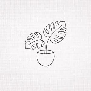 Peut inclure: Dessin au trait noir d'une plante Monstera en pot sur fond blanc. La plante a trois grandes feuilles fendues. Le pot est de forme simple et arrondie. L'image est de conception minimaliste.
