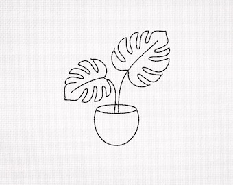 Monstera borduurpatroon, minimalistische plantcontour, Monstera in pot borduurbestand, botanische lijntekening PES machineontwerp
