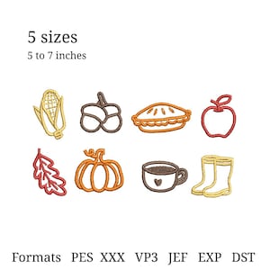 Peut inclure: Un ensemble de motifs de broderie avec huit icônes sur le thème de l'automne : maïs, bretzel, tarte, pomme, feuille de chêne, citrouille, tasse et bottes de pluie. Le texte indique 5 sizes, 5 to 7 inches, et Formats PES XXX VP3 JEF EXP DST.
