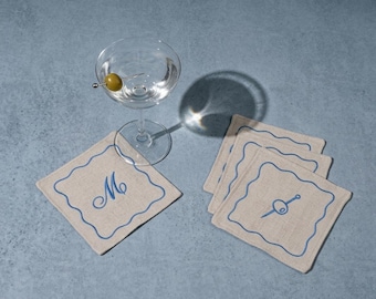 Personalized Cocktail Napkins, Embroidered Napkins with Monogram, Custom Icon Napkins, Wedding Cocktail Napkins, Hostess Gift Linen Set