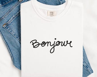 Bonjour borduurontwerp, Frans citaat borduurbestand, handgeschreven cursieve tekst, minimalistisch schrift, unisex PES machineborduurwerk