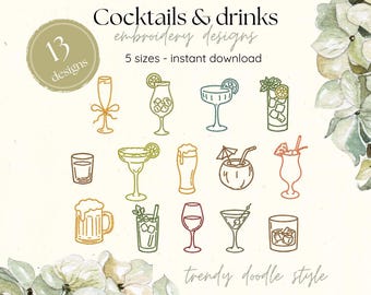 Cocktail Embroidery Bundle, Drink Doodle Outline Designs, Margarita Mojito Wine Beer Spritz Bar Icons, Trendy PES Files Set