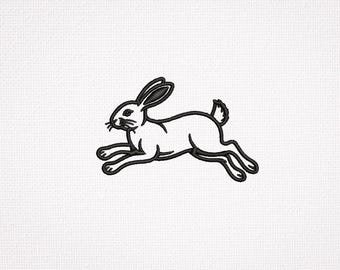 Borduurpatroon van een rennende haas, vintage konijnenomtrek, minimalistisch bosdier, cottagecore konijn PES machineborduurwerk