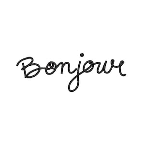 May include: Black cursive text that reads "Bonjour" on a white background. The word is written in a flowing, elegant script, with the letters connected. The image is simple and clean.