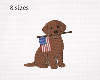 Labrador Patriotic Embroidery Design, USA Flag Dog Embroidery File, 4th of July Puppy, American PES Design 8 Sizes