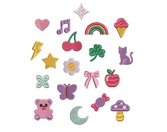 Kawaii borduurpatroonbundel, schattige mini-icoon borduurbestanden, Y2K pastel doodle set, gummy strik ster hart paddenstoel PES machine