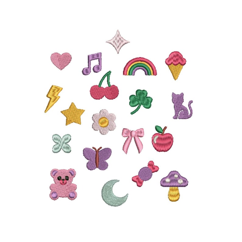 Kawaii Embroidery Design Bundle, Cute Mini Icon Embroidery Files, Y2K Pastel Doodle Set, Gummy Bow Star Heart Mushroom PES Machine image 1