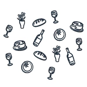Archivo de bordado con garabatos de comida francesa: 6 diseños en 6 tamaños, vino y queso, iconos de comida francesa en miniatura dibujados a mano, botella de vino, ¡salud!