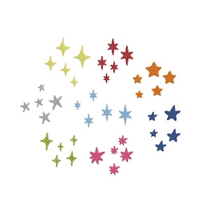May include: A collection of embroidered star patches in various colors, including yellow, red, orange, blue, pink, green, and silver. The stars vary in size and are arranged in clusters, suitable for crafting or embellishment.