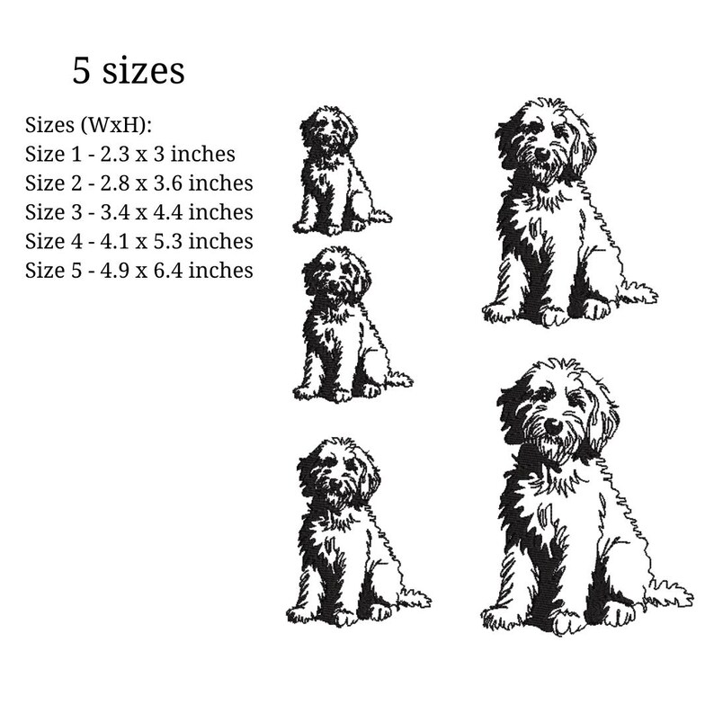 Gyllene klotter broderidesign - 5 storlekar pes fil kontur monokromatisk bedårande pudel labradoodle husdjur hundälskare handritad linjekonst bild 2