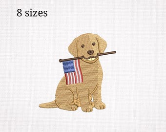 Labrador Patriotic Embroidery Design, USA Flag Dog Embroidery File, 4th of July Puppy, American PES Design 8 Sizes