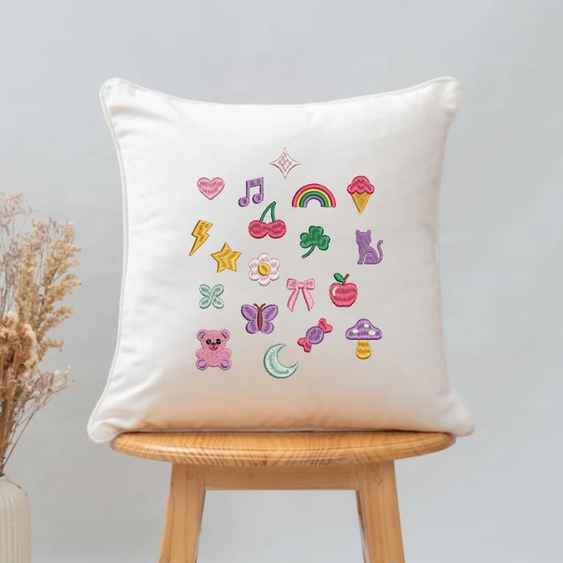 Kawaii Embroidery Design Bundle, Cute Mini Icon Embroidery Files, Y2K Pastel Doodle Set, Gummy Bow Star Heart Mushroom PES Machine image 4