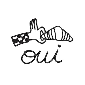 Könnte beinhalten: Schwarz-Weiß-Linienzeichnung einer Hand, die ein Croissant hält. Die Hand hat eine karierte Manschette. Das Wort "oui" ist in Kursivschrift unter der Hand und dem Croissant geschrieben.