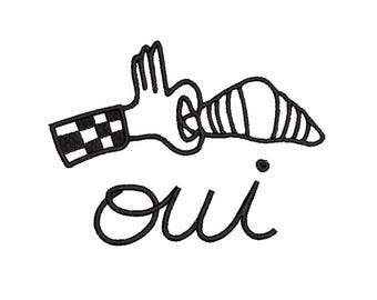 Oui croissant embroidery design - hand drawn french style quote breakfast naive doodle pes file for 5x7 4x4 hoop machine embroidery