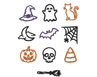Halloween Embroidery Bundle, Cute Halloween Doodle Embroidery Designs, Pumpkin Ghost Bat Witch PES Files, 10 Designs 12 Sizes