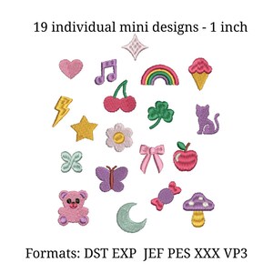 Kawaii Embroidery Design Bundle, Cute Mini Icon Embroidery Files, Y2K Pastel Doodle Set, Gummy Bow Star Heart Mushroom PES Machine image 3