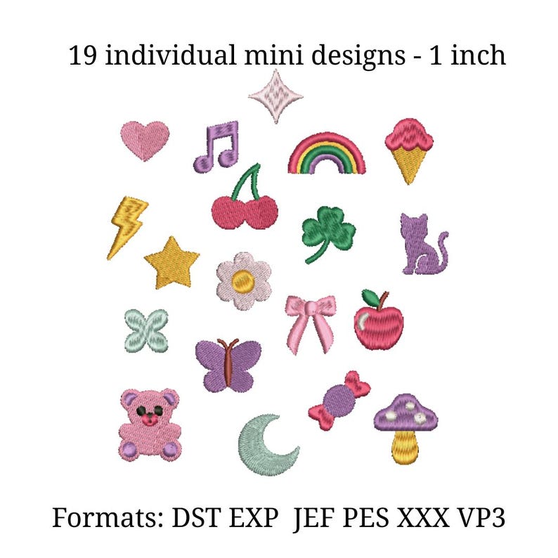 Kawaii Embroidery Design Bundle, Cute Mini Icon Embroidery Files, Y2K Pastel Doodle Set, Gummy Bow Star Heart Mushroom PES Machine image 3