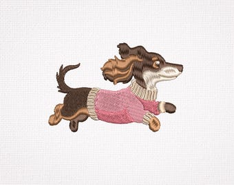 Dachshund Embroidery Design, Long Haired Wiener Dog in Sweater, Running Dog Fill Stitch, Cute Doxie PES Machine Embroidery