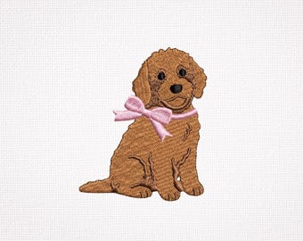 Goldendoodle Bow Embroidery Design, Preppy Dog Embroidery File, Cute Doodle with Ribbon Bow PES Pattern, 7 Sizes Coquette Bow, Poodle stitch