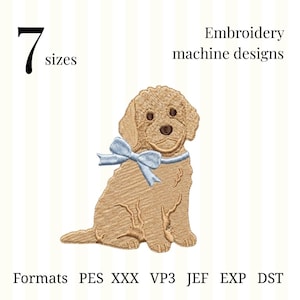 Goldendoodle Bow Embroidery Design, Preppy Dog Embroidery File, Cute Doodle with Ribbon Bow PES Pattern, 7 Sizes Coquette Bow
