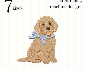 Goldendoodle Bow Embroidery Design, Preppy Dog Embroidery File, Cute Doodle with Ribbon Bow PES Pattern, 7 Sizes Coquette Bow