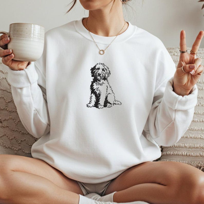 Gyllene klotter broderidesign - 5 storlekar pes fil kontur monokromatisk bedårande pudel labradoodle husdjur hundälskare handritad linjekonst bild 3