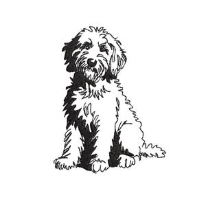 Peut inclure: Dessin au trait noir et blanc d'un chien assis avec une fourrure touffue. Le chien a un visage et des oreilles sombres, avec un corps de couleur claire. L'illustration est simple et épurée, mettant l'accent sur les traits du chien.