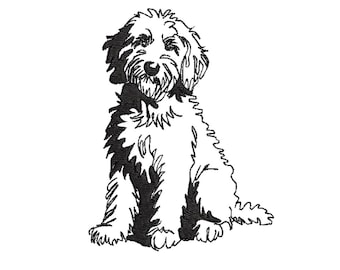 Golden doodle embroidery design - 5 sizes pes file outline monochromatic adorable poodle labradoodle pet dog lover hand drawn line art