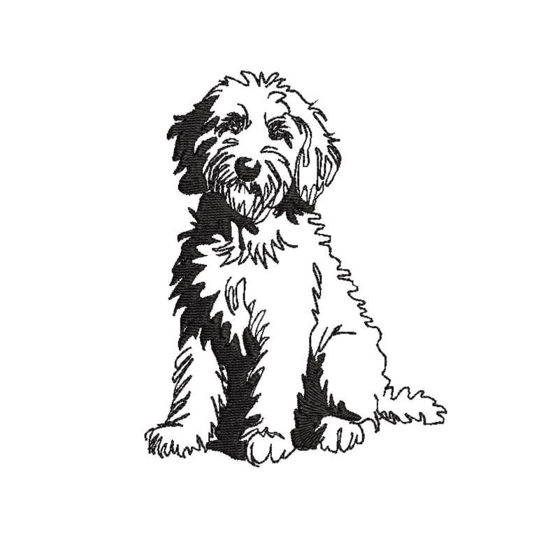 Gyllene klotter broderidesign - 5 storlekar pes fil kontur monokromatisk bedårande pudel labradoodle husdjur hundälskare handritad linjekonst bild 1