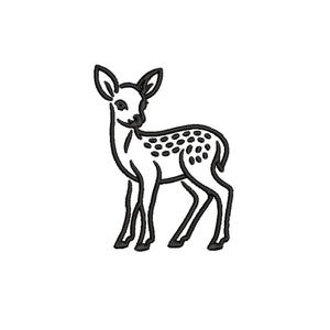 Peut inclure: Un dessin au trait noir et blanc d'un jeune cerf, ou faon, debout, la tête légèrement tournée. Le cerf a des taches sur le dos et se détache sur un fond blanc.