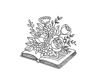 Book Lover Embroidery Design, Open Book with Flowers Embroidery File, Minimalist Line Art Bookish PES Machine Design