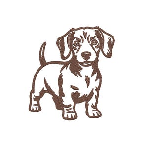 Puede incluir: Diseño bordado de un perro salchicha marrón y blanco. El perro está representado de pie, con la cola levantada y las orejas caídas. El bordado es detallado, sobre un fondo blanco.