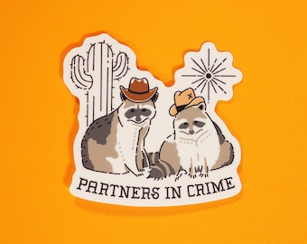 Raccoons in Cowboy Hats Weather-Proof Vinyl Sticker | Partners in Crime Sticker Decal, Trash Panda Sticker, Water-bottle Sticker