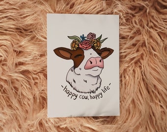Happy Cow Illustration Print, Farm Animal Wall Art (5x7 or 8x10)