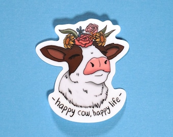Happy Cow Frosted Clear Sticker, Flower Crown Calf, Vegan Gift