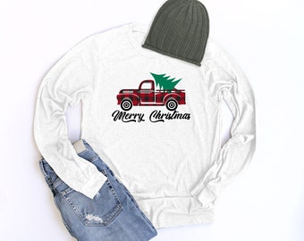 Red Truck Christmas Shirt Long Sleeve Unisex Merry Christmas T Shirt Red Truck with Christmas Tree Shirt Buffalo Plaid Christmas Long Sleeve