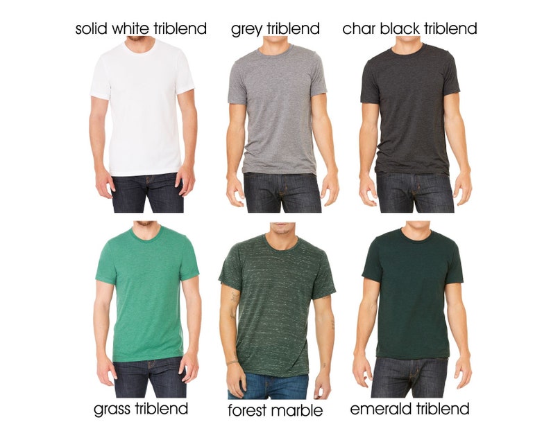 May include: Six different t-shirts in various colors and patterns, including solid white, grey, charcoal black, grass green, forest marble, and emerald green. All shirts are triblend.