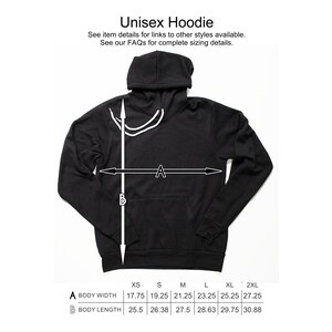 May include: A black unisex hoodie with a hood and a pouch pocket. The hoodie is shown in different sizes with measurements for body width and length in inches.