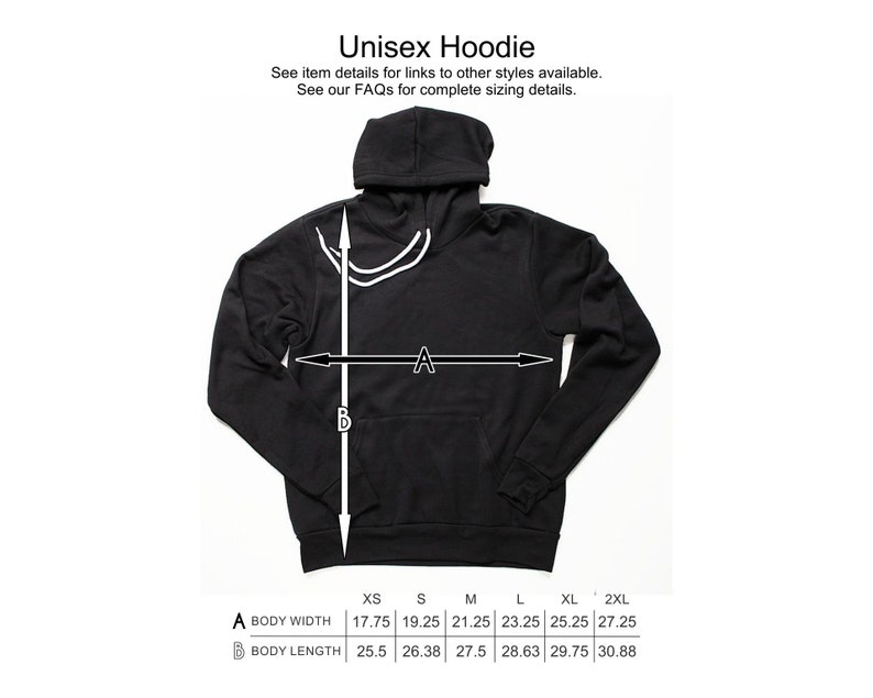 May include: A black unisex hoodie with a hood and a pouch pocket. The hoodie is shown in different sizes with measurements for body width and length in inches.