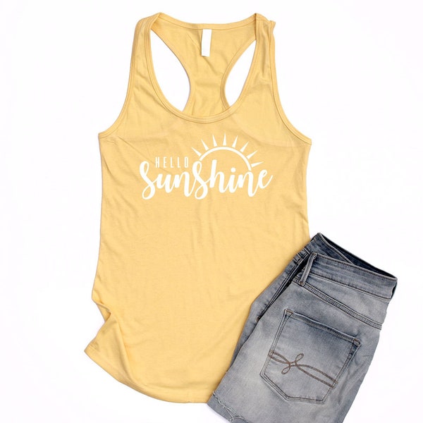 Hello Sunshine Tank Top Women Yellow Racerback Tank Ladies Sun Tank Summer Tank Tops Nature Racerback Tank Vacation Tank Tops Teen Girls