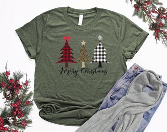 Buffalo Plaid Christmas Tree Shirt Leopard Christmas Tree Unisex Merry Christmas Shirt for Women Holiday Shirts Leopard Print Tree Shirt