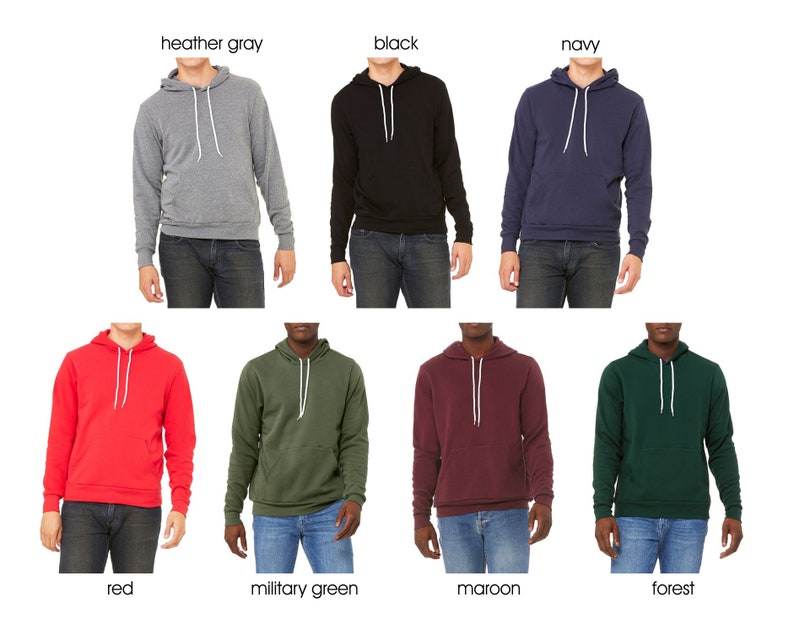 May include: A set of ten hooded sweatshirts in various colors, including heather gray, black, navy, red, military green, maroon, and forest green. The sweatshirts are all the same style, with a drawstring hood and a kangaroo pocket.