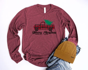 Red Truck Christmas Shirt Long Sleeve Unisex Merry Christmas T Shirt Red Truck with Christmas Tree Shirt Buffalo Plaid Christmas Long Sleeve