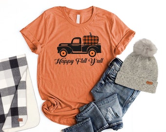 Happy Fall Yall Shirt Unisex Buffalo Plaid Pumpkin Truck Shirt Women Fall Shirt Autumn Shirts Pumpkin Patch Shirt Fall Truck Shirt