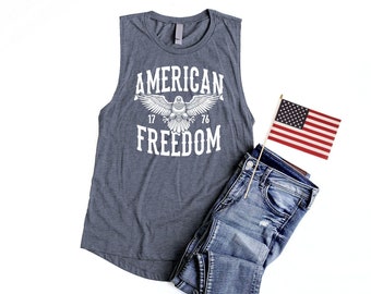 4th of July Tank Women American Freedom Womens Muscle Tank Tops Bald Eagle 1776 Muscle Shirt USA Independence Day Patriotic Tank