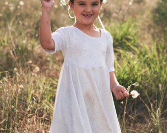 LDS baptism dress, velvet dress, twirl dress, communion dress, flower girl dress, white dress, girls modest dress, dress with sleeves