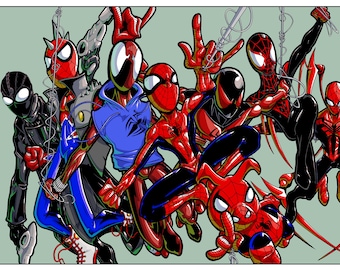 May include: A group of eight cartoon Spider-Man characters in various poses. The characters are all wearing red and black suits with different designs. Some of the characters are wearing masks, while others are not. The characters are all standing on a light green background.