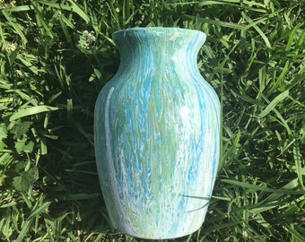 Green, White, Orange, & Blue Original Acrylic Pour Vase