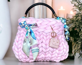 Sac en grosse maille gros fil rose